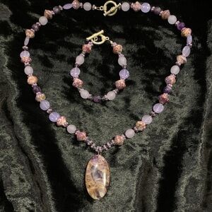 Purple and Pink Beaded Necklace and Bracelet Set